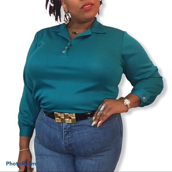Long Sleeve Vintage 80’s/90’s Teal Blouse - Picture 5 of 5
